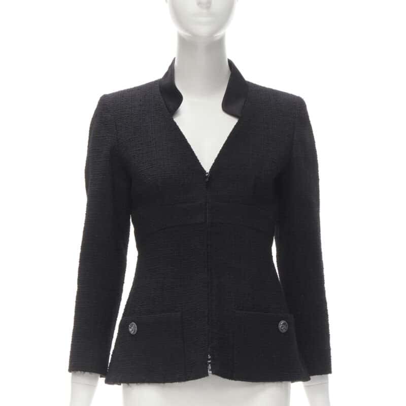 Chanel Tweed Collar Jacket Black Wool Never worn - Front View