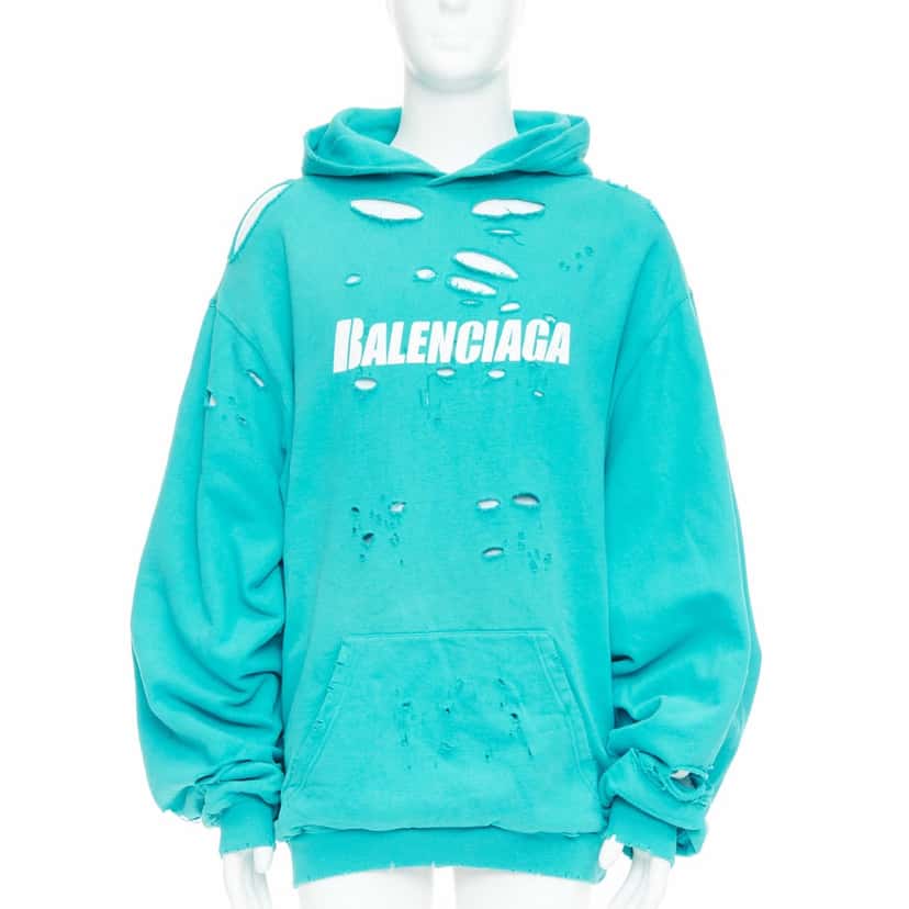 Balenciaga Ripped Logo Hoodie Blue Cotton Good condition - Front View