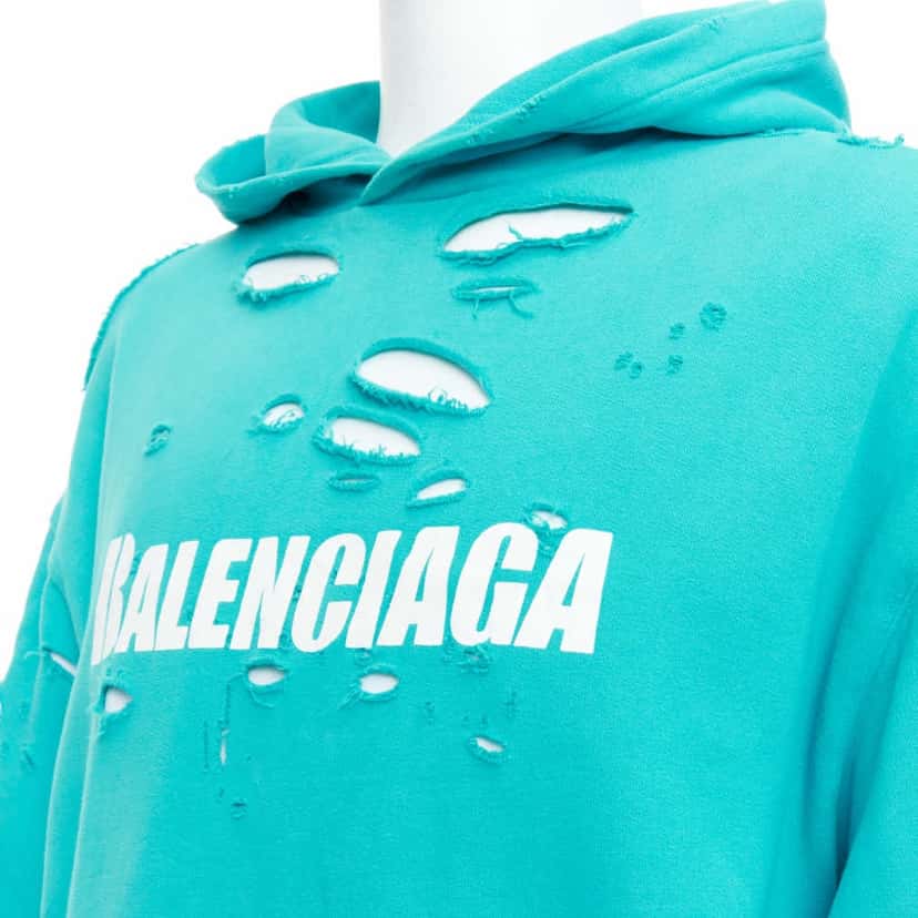 Balenciaga Ripped Logo Hoodie Blue Cotton Good condition - Back View