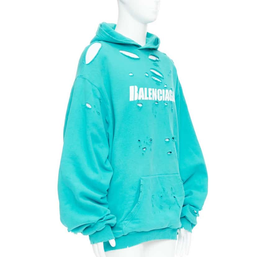 Balenciaga Ripped Logo Hoodie Blue Cotton Good condition - Inside View