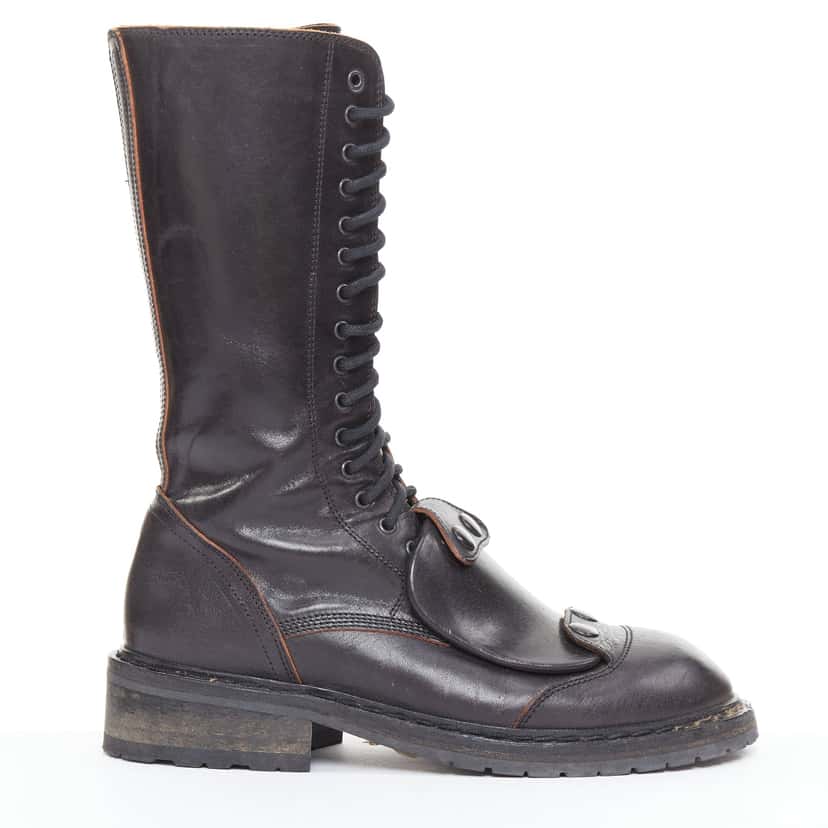 Ann Demeulemeester Panelled Long Flat Boots Black Leather Very good condition - Front View