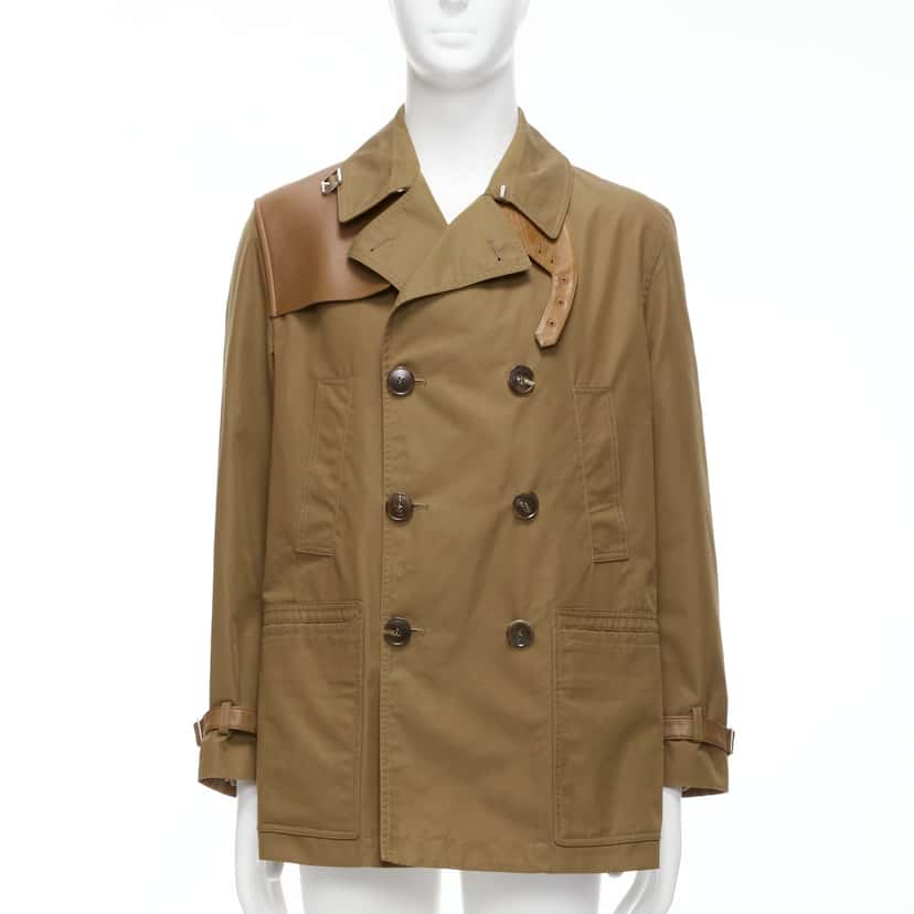 Gucci Brown Wool Trench Coat Brown Leather Very good condition - Front View