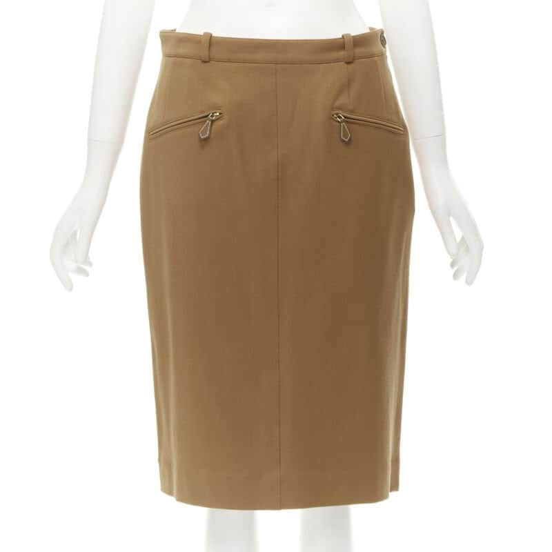 Hermès Leather Pencil Skirt Brown Wool Very good condition - Front View