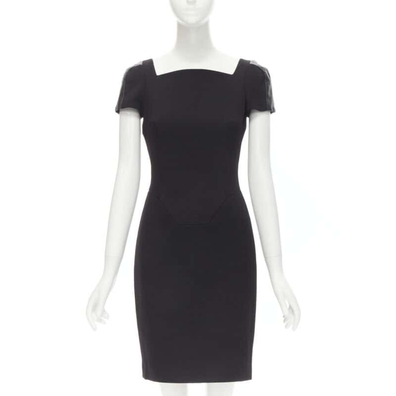 Versace Leather Seam Dress Black Wool Never worn - Front View