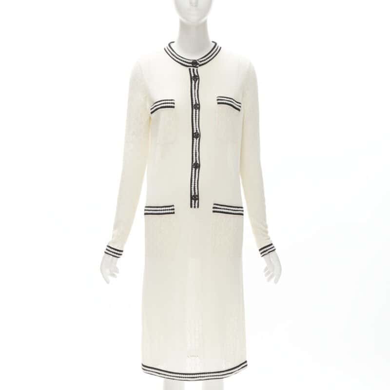 Chanel Crochet Knit Dress Beige Silk Never worn - Front View