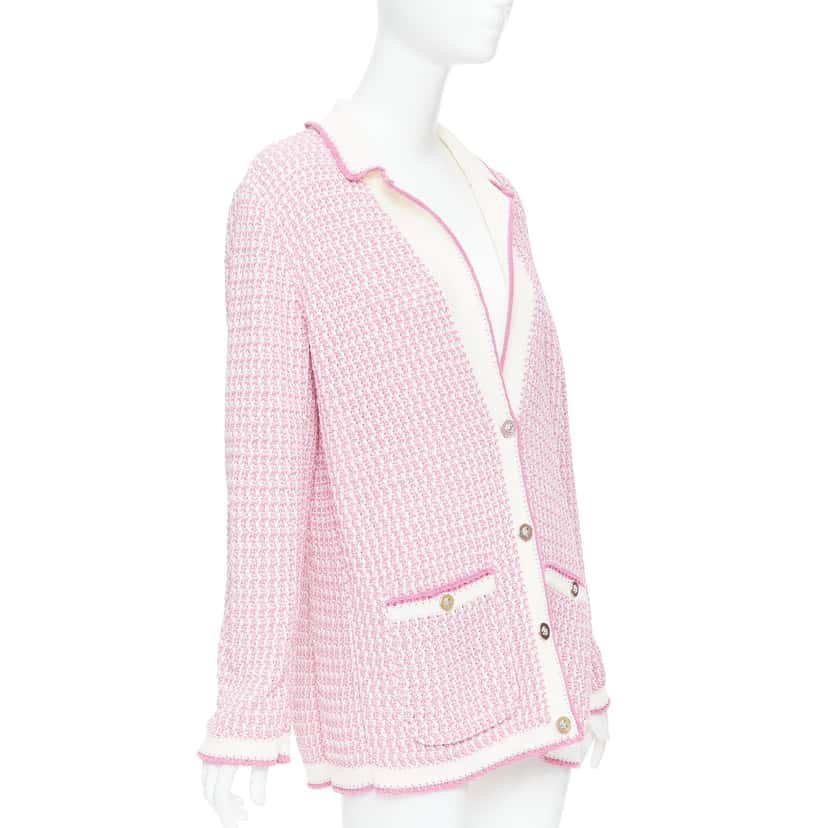 Chanel Metallic Buttons Cardigan Pink Cotton Very good condition - Model View