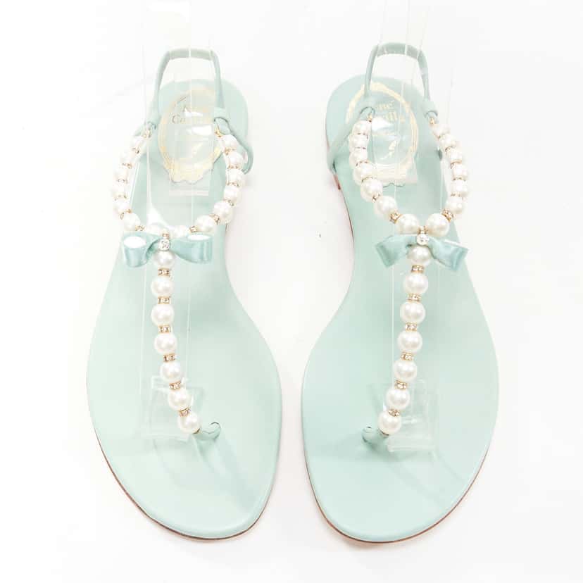 Rene Caovilla Bow T-Strap Sandals Green Leather Never worn - Back View