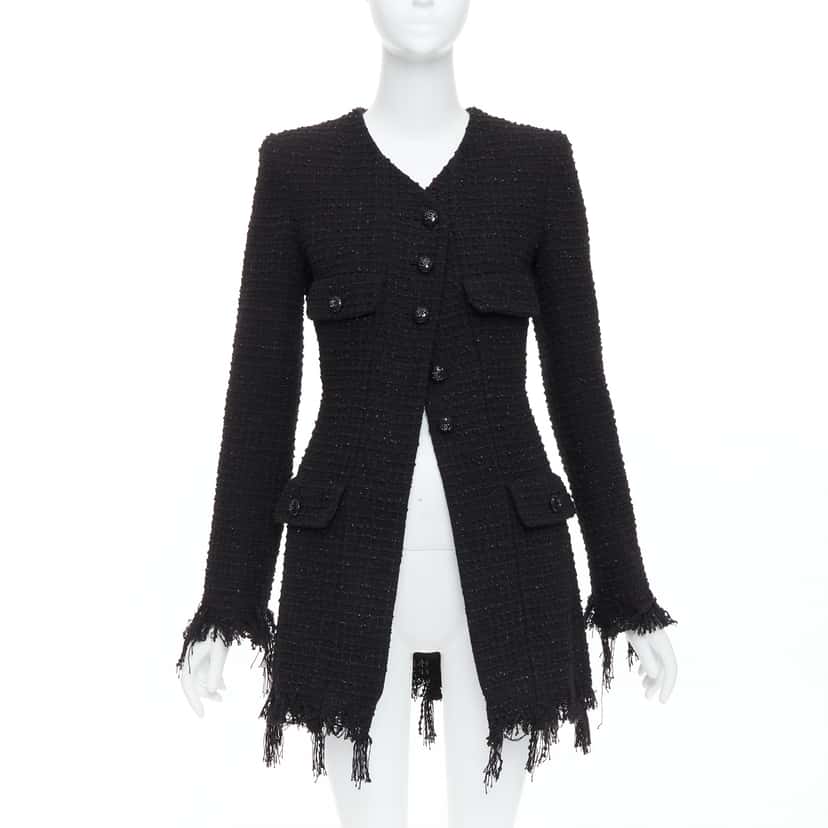 Chanel Black Tweed Fringe Jacket Black Cotton Very good condition - Front View