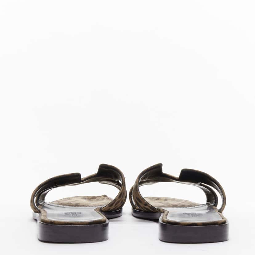 Hermès Leopard Print Sandals Brown Leather Good condition - Box View