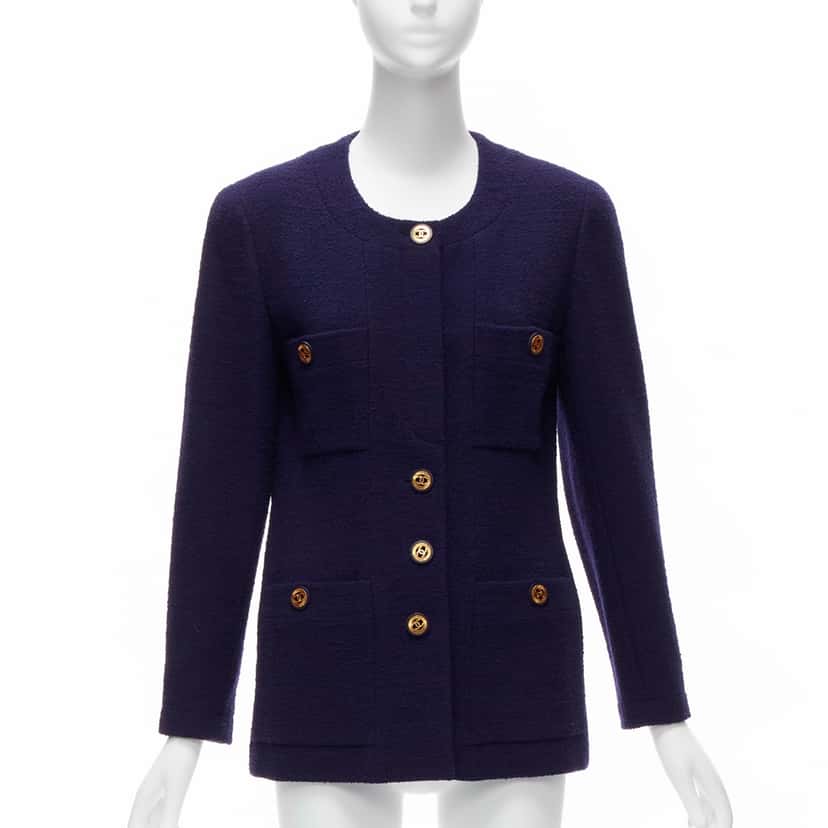 Chanel Navy Gold Pocket Jacket Blue Wool Never worn - Front View