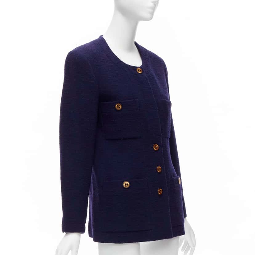 Chanel Navy Gold Pocket Jacket Blue Wool Never worn - Model View