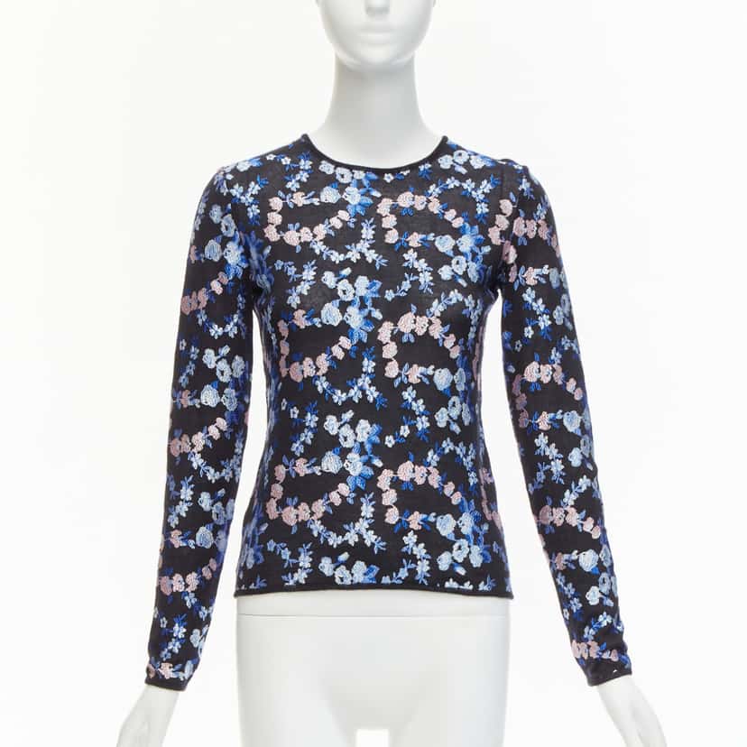 Giambattista Valli Floral Embroidery Top Black Cashmere Never worn - Front View