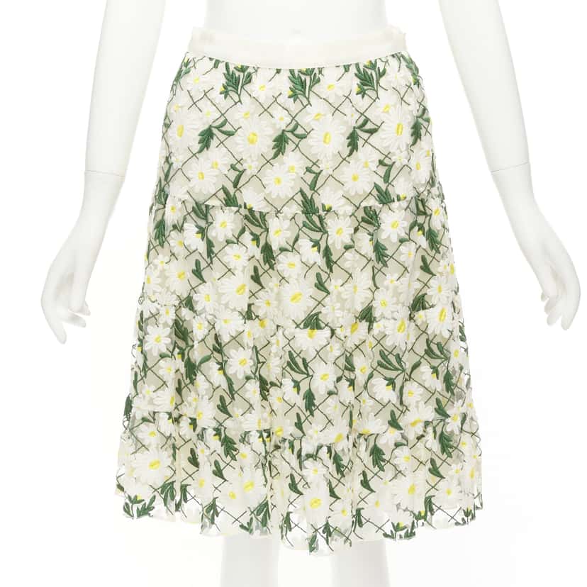 Giambattista Valli Daisy Embroidered Skirt White Cotton Never worn - Front View