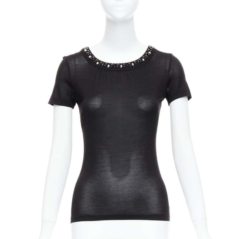 Christian Dior Beaded Collar Tee Black Silk Very good condition - Front View