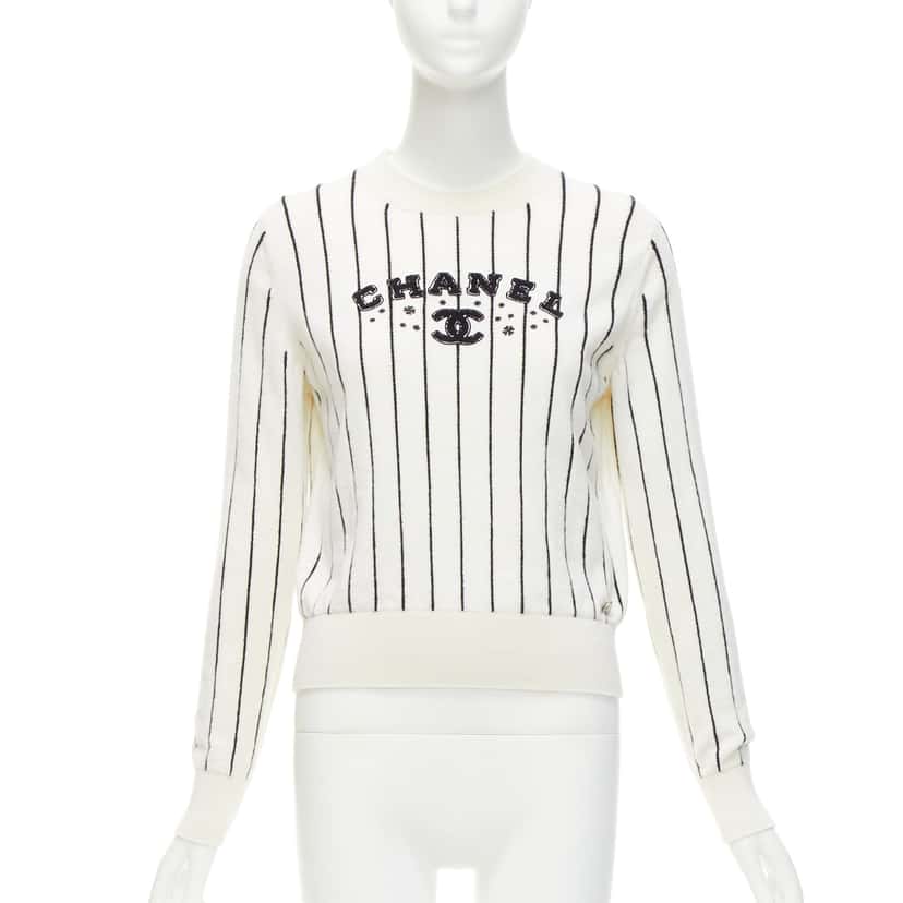 Chanel Striped Varsity Sweater White Cashmere Never worn - Front View
