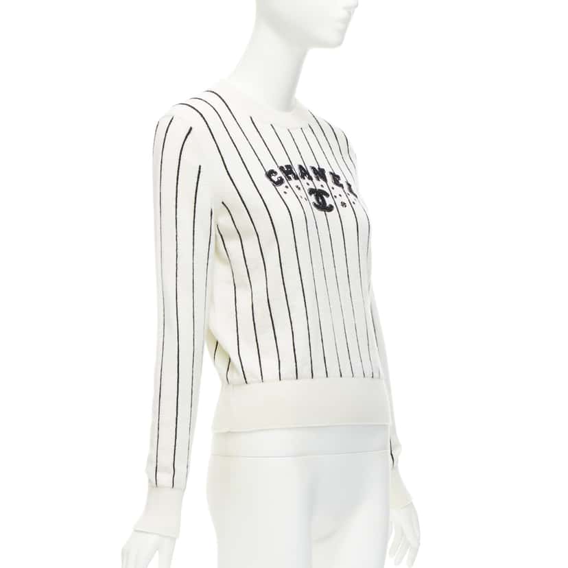 Chanel Striped Varsity Sweater White Cashmere Never worn - Inside View