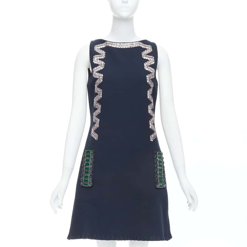 Lanvin Rhinestone Ribbon Dress Navy Cotton Very good condition - Front View
