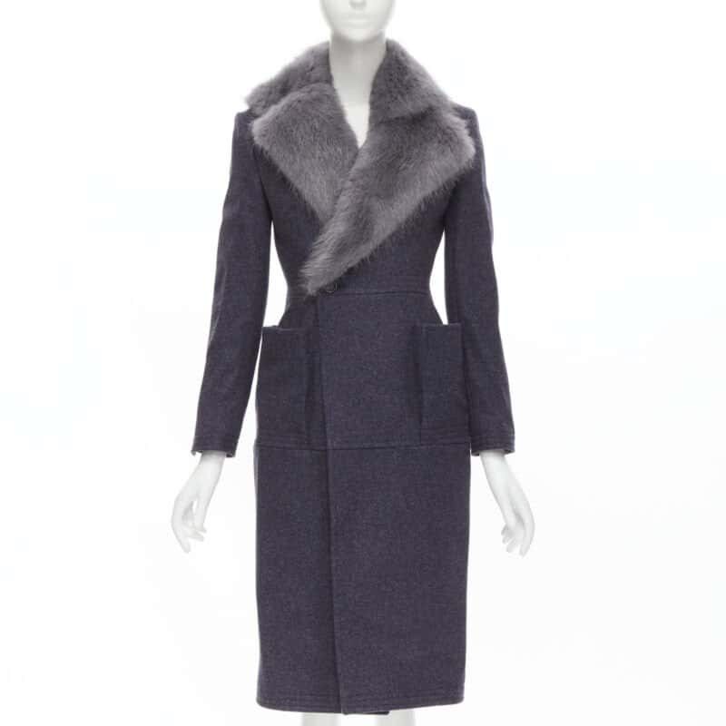 Thom Browne Grey Fur Collar Coat Grey Wool Never worn - Front View