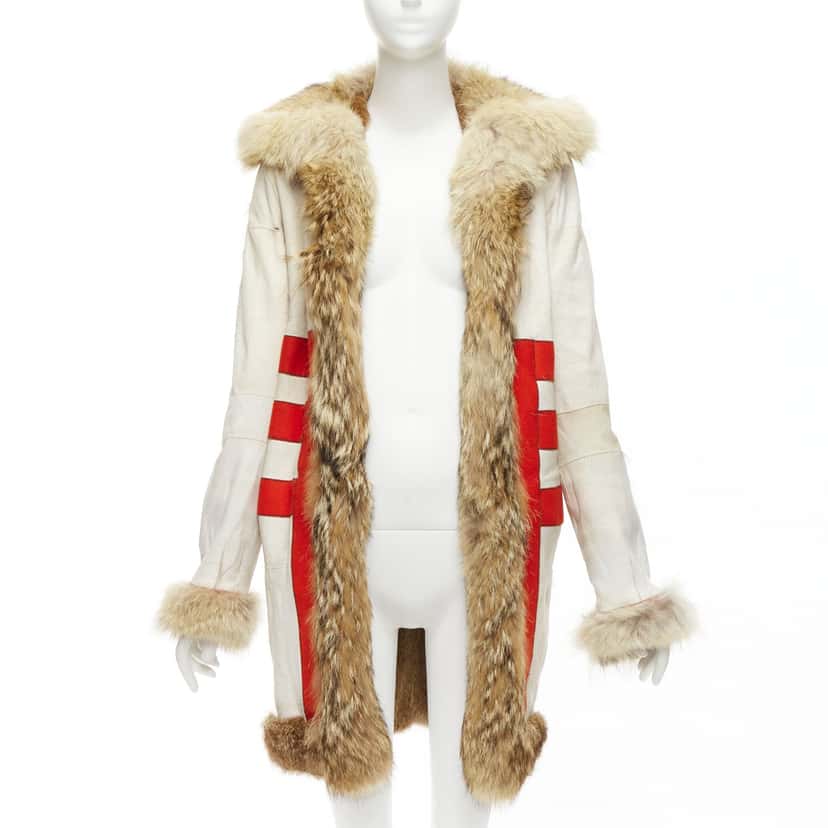 Balenciaga Cream Fur Longline Coat Brown Fur Fair condition - Inside View
