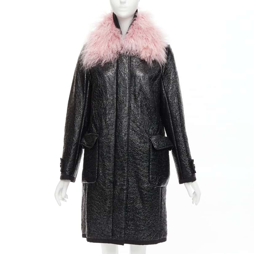 Moncler Pink Fur Wool Coat Black Fur Never worn - Front View
