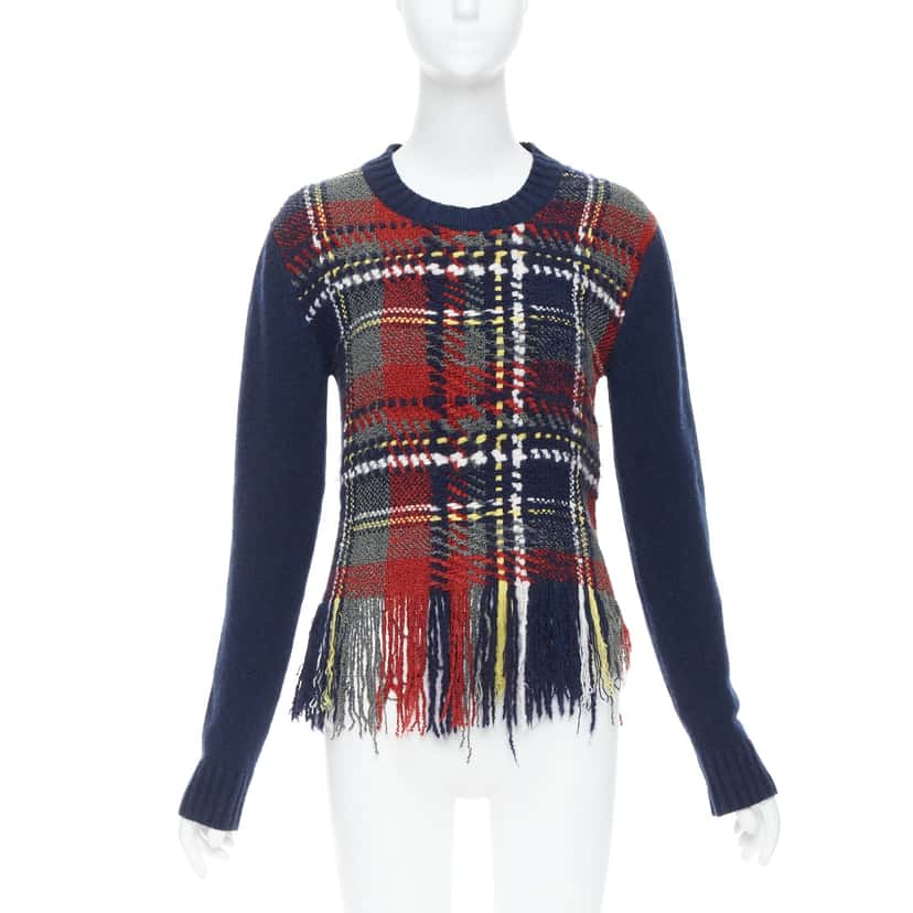 Dior Plaid Fringe Sweater Navy Cashmere Very good condition - Front View
