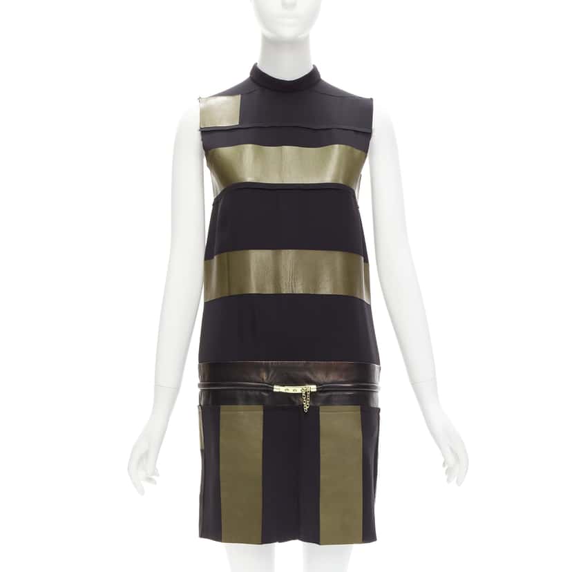 Celine Panel Gold Belt Dress Khaki Leather Fair condition - Front View