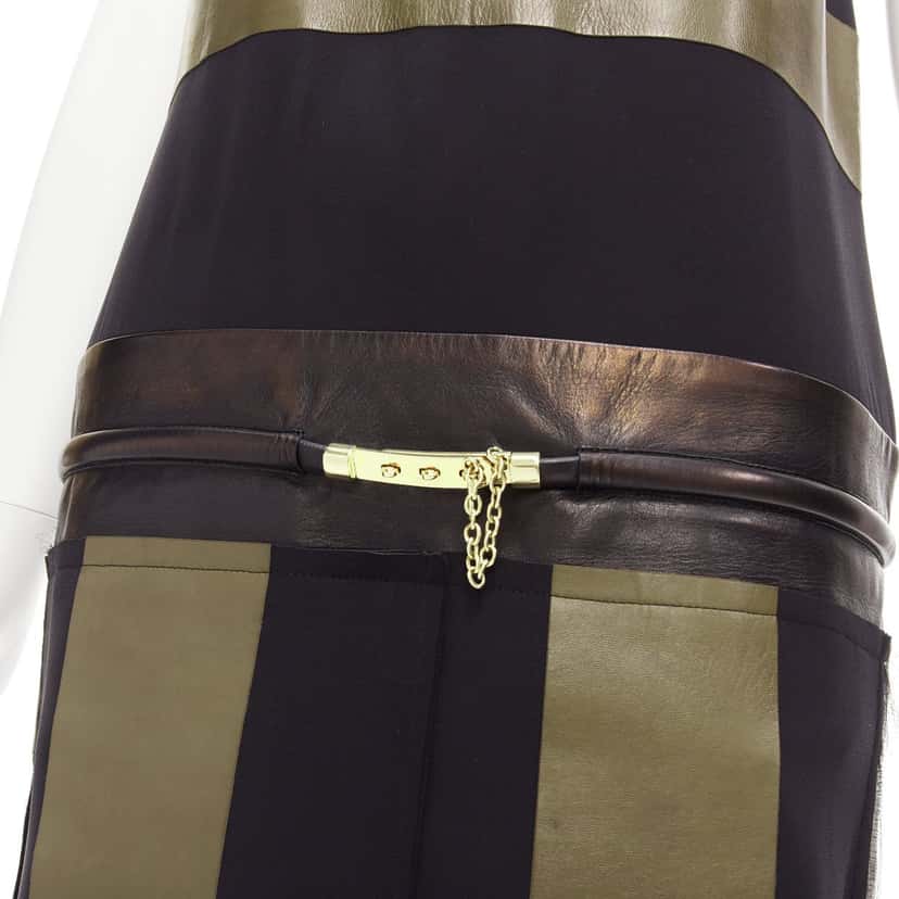 Celine Panel Gold Belt Dress Khaki Leather Fair condition - Back View