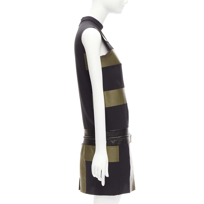 Celine Panel Gold Belt Dress Khaki Leather Fair condition - Model View
