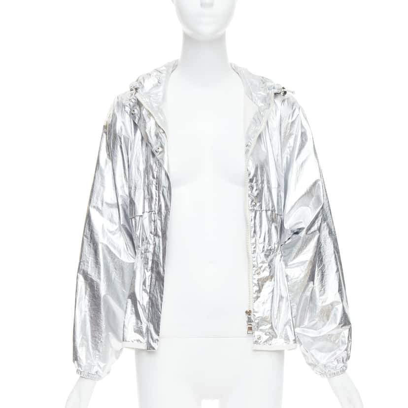 Moncler Silver Hooded Windbreaker Silver Cotton Never worn - Inside View