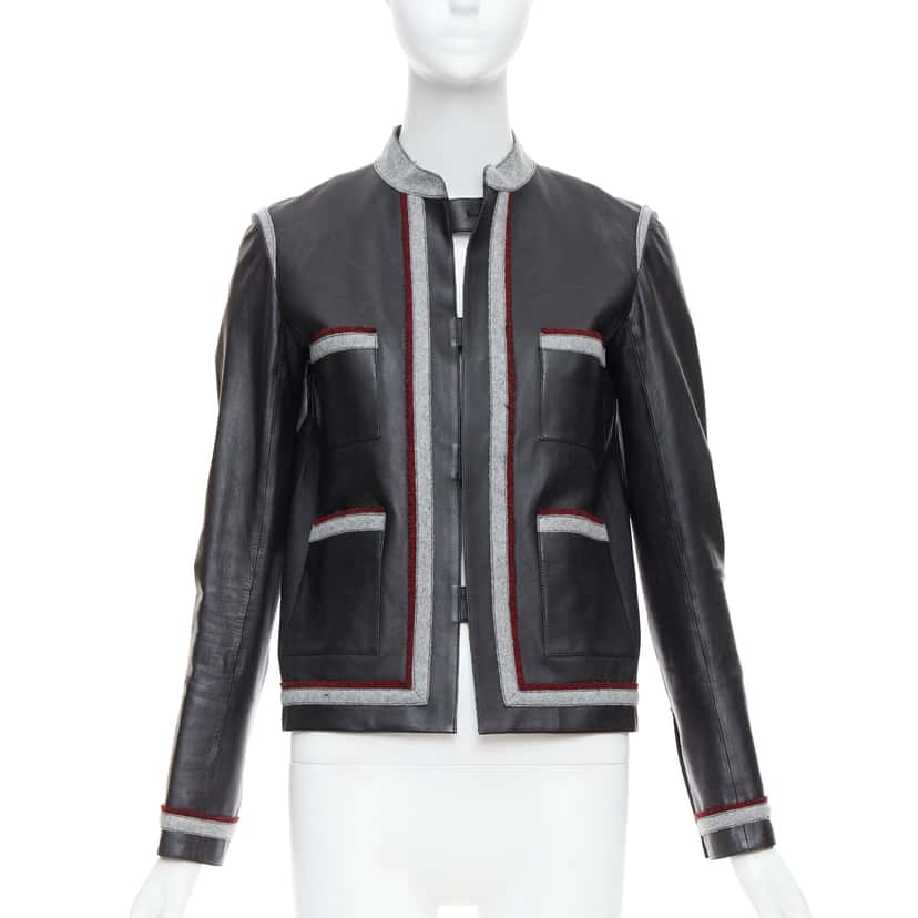 Chanel Wool Trim Pocket Jacket Black Leather Good condition - Front View