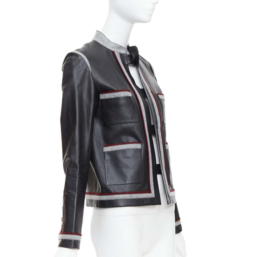 Chanel Wool Trim Pocket Jacket Black Leather Good condition - Inside View