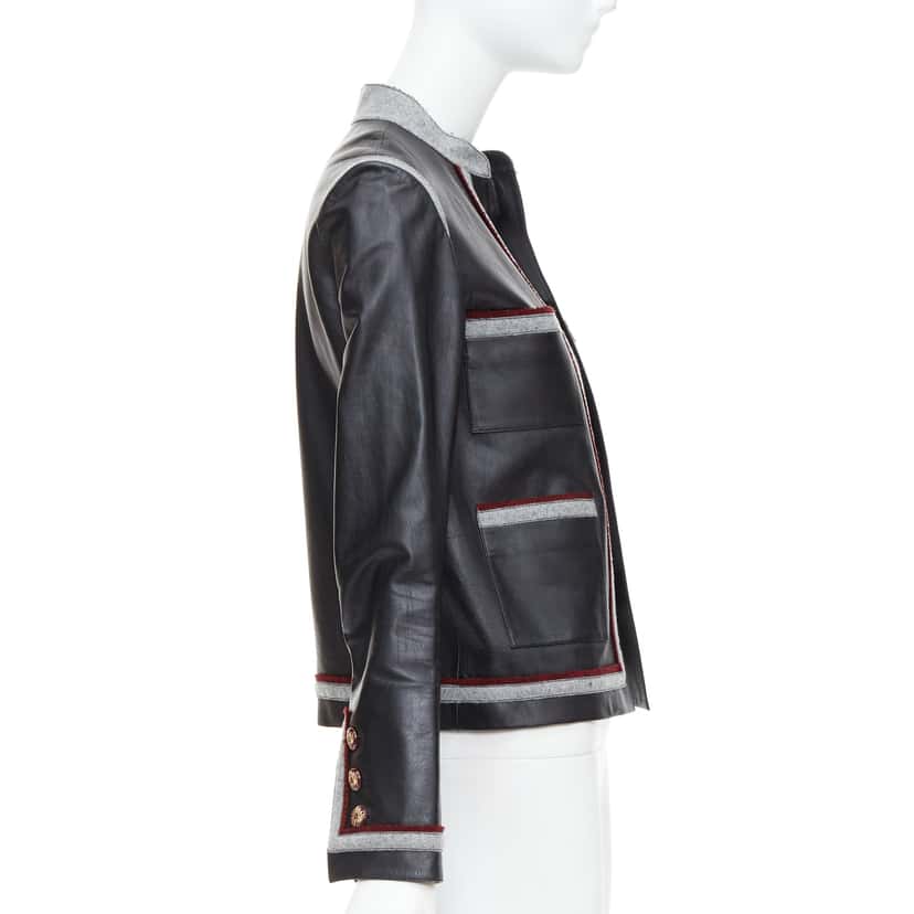 Chanel Wool Trim Pocket Jacket Black Leather Good condition - Model View