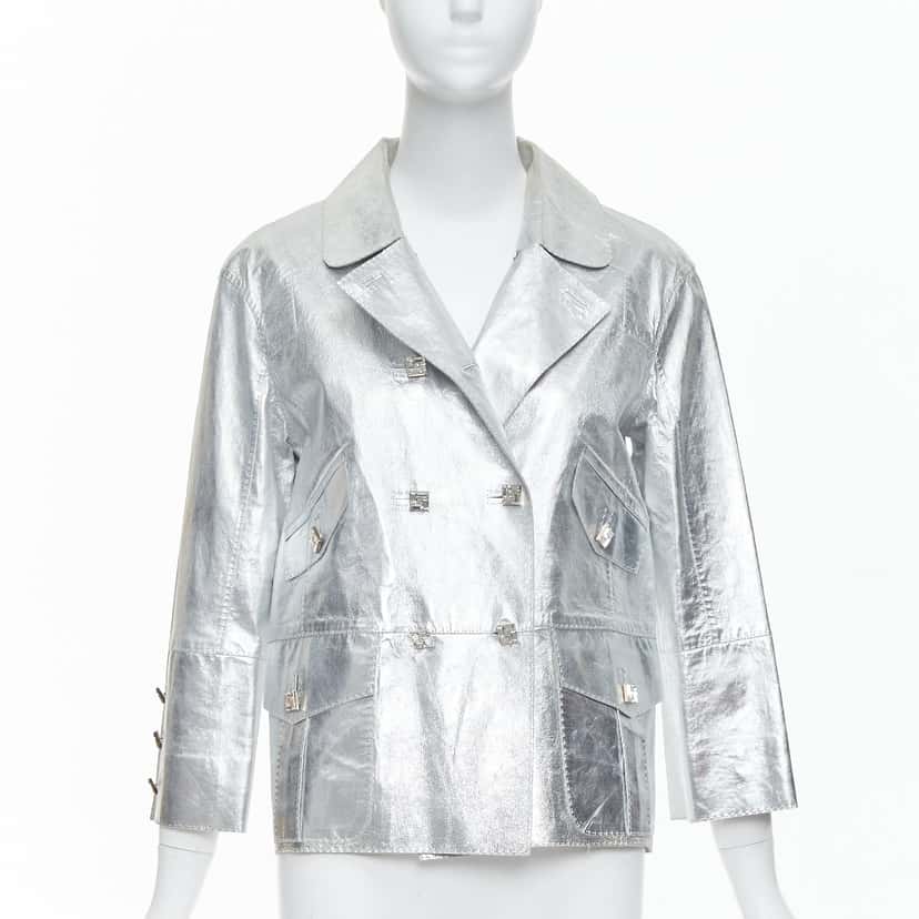 Louis Vuitton Crystal Button Jacket Silver Leather Good condition - Front View