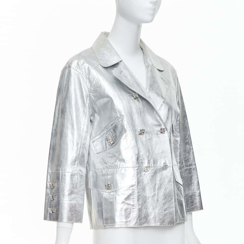 Louis Vuitton Crystal Button Jacket Silver Leather Good condition - Model View