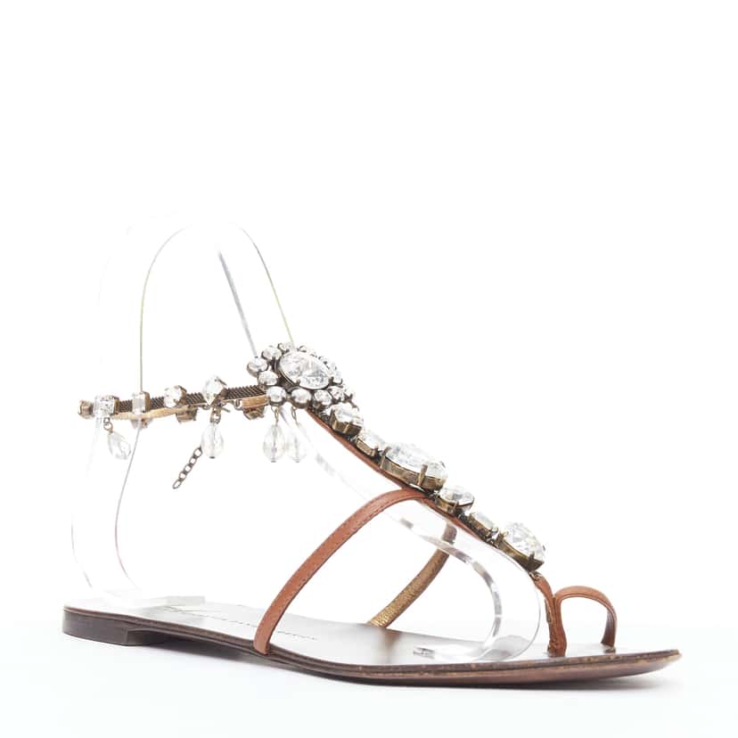 Giuseppe Zanotti Crystal Charm Sandals Brown Leather Good condition - Front View