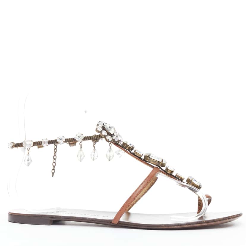 Giuseppe Zanotti Crystal Charm Sandals Brown Leather Good condition - Back View