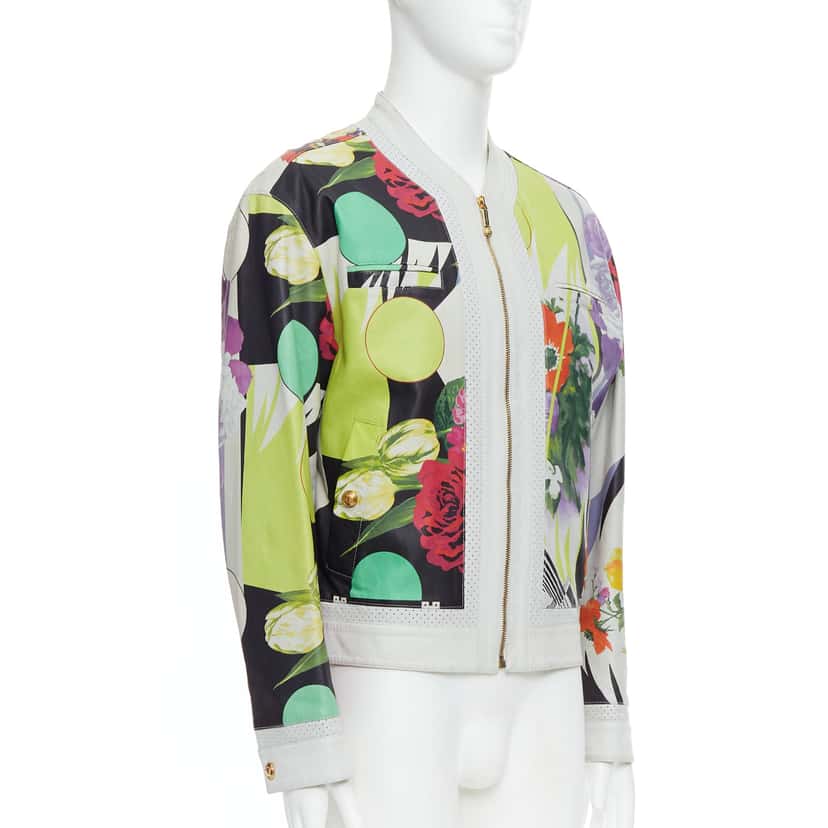 Versace White Tropical Print Bomber White Leather Good condition - Model View