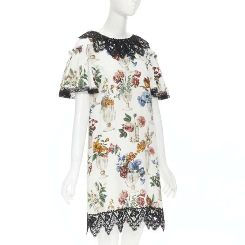 Dolce & Gabbana Vase Floral Dress Beige Silk Never worn, with tag - Back View