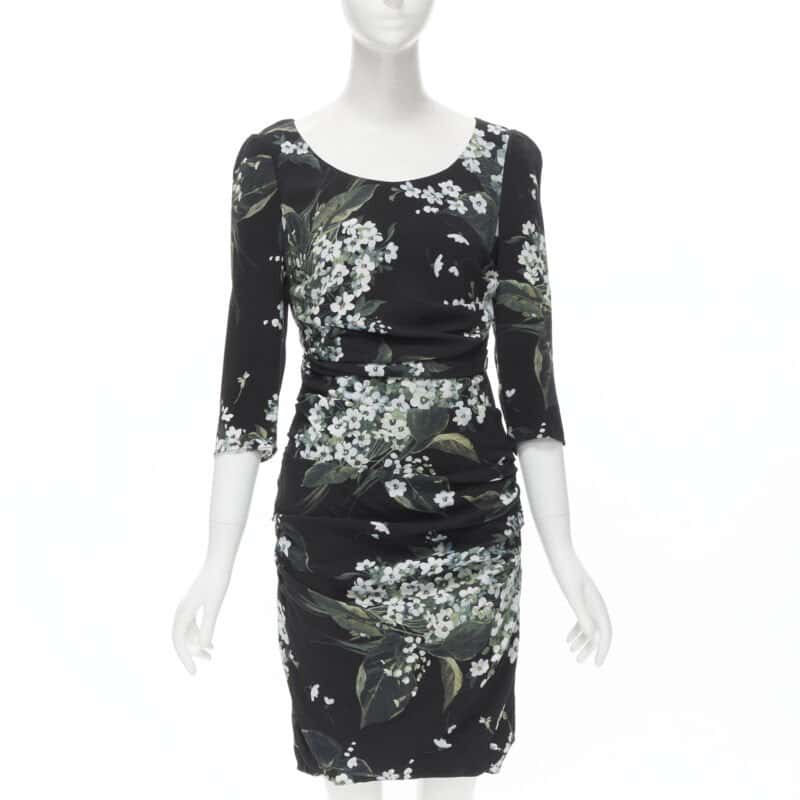 Dolce & Gabbana Floral Ruched Dress Black Silk Never worn, with tag - Front View