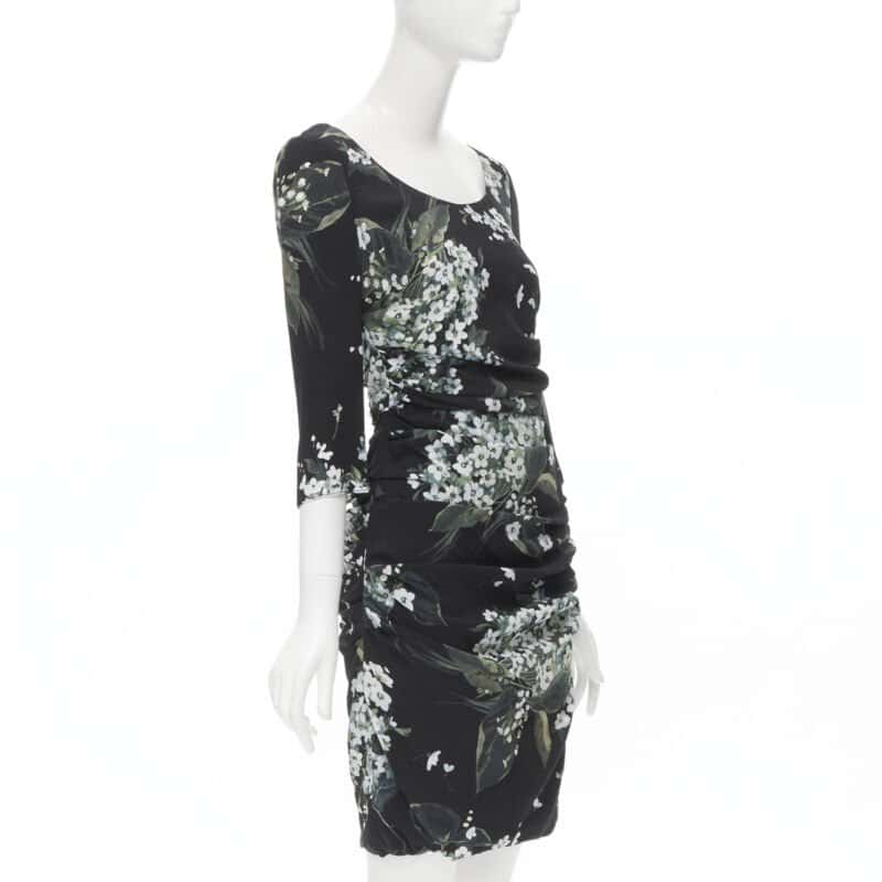 Dolce & Gabbana Floral Ruched Dress Black Silk Never worn, with tag - Model View