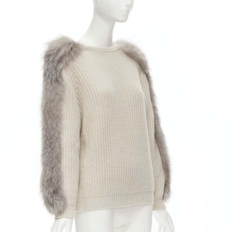 Brunello Cucinelli Fur Sleeve Sweater Beige Cashmere Never worn - Front View