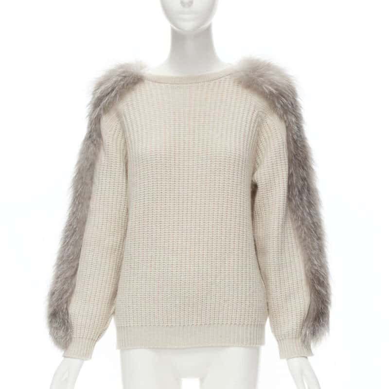 Brunello Cucinelli Fur Sleeve Sweater Beige Cashmere Never worn - Inside View