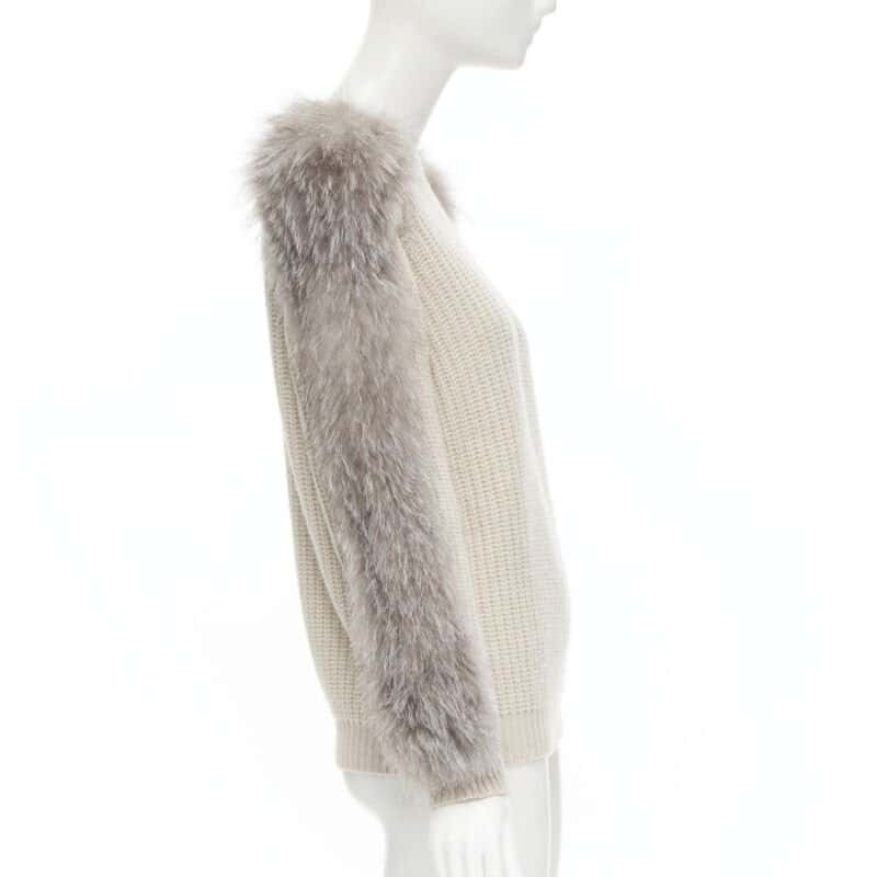 Brunello Cucinelli Fur Sleeve Sweater Beige Cashmere Never worn - Model View