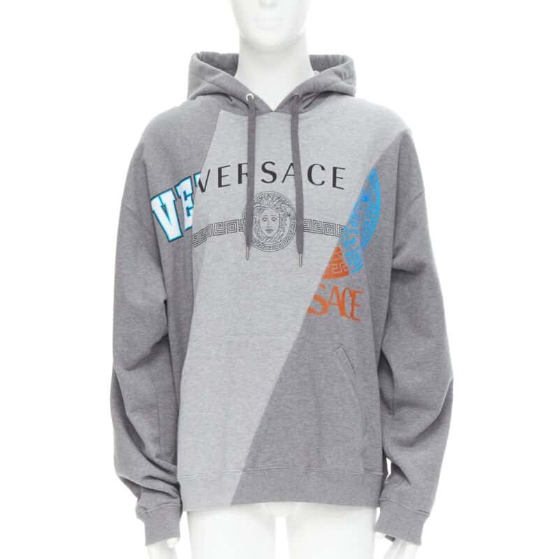 Versace Mixed Logo Hoodie Grey Cotton Never worn, with tag - Front View