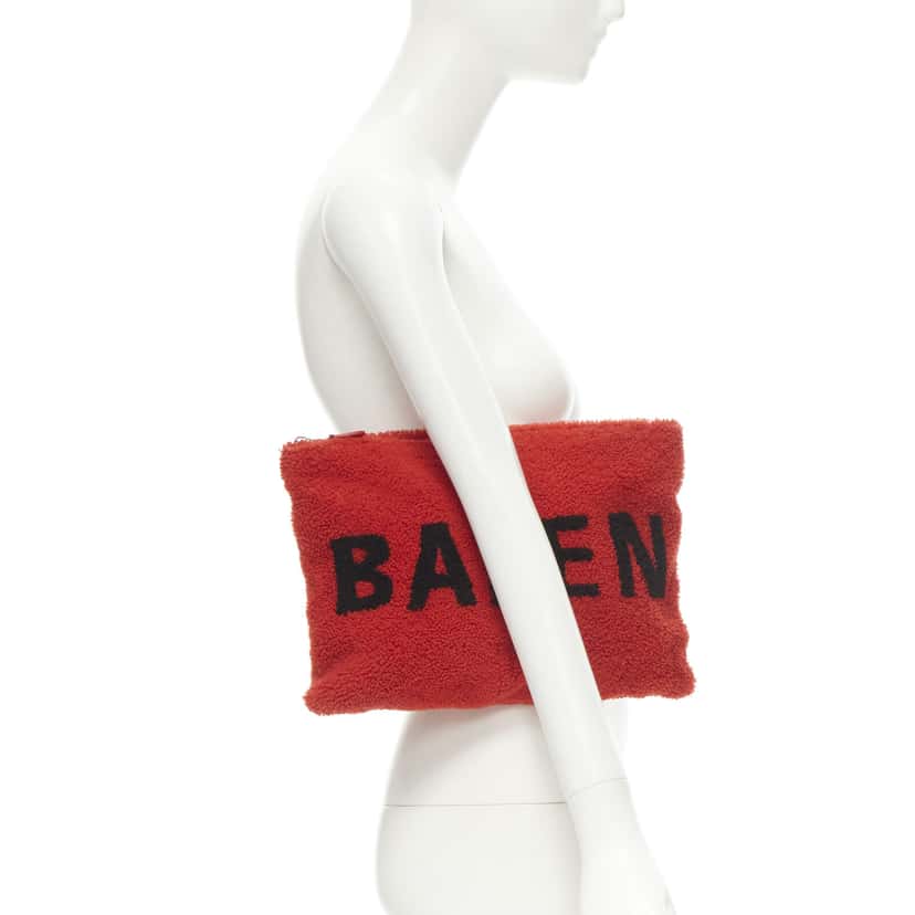 Balenciaga Shearling Zip Clutch Red Fur Never worn, with tag - Back View