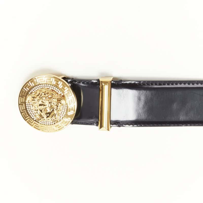 Versace Gold Square Oversized Belt Black Leather Never worn, with tag - Box View