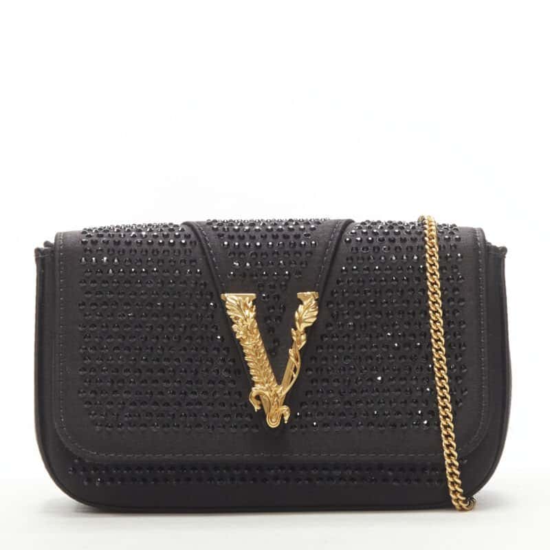 Versace Crystal Virtus Clutch Black Silk Never worn, with tag - Front View