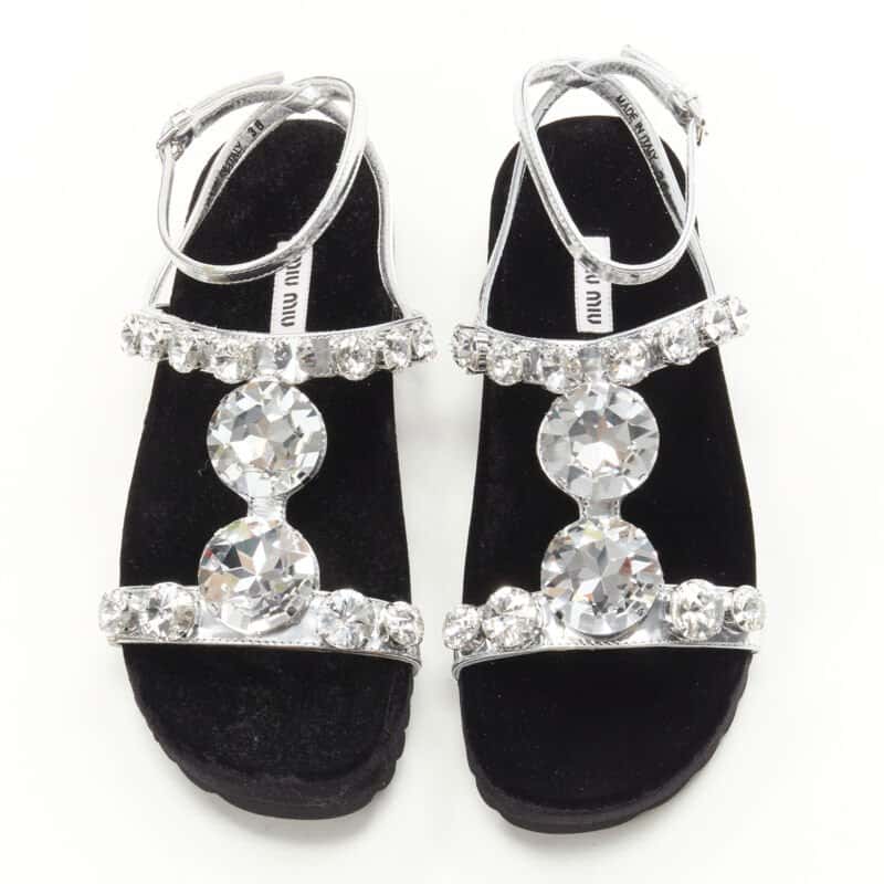 Miu Miu Rhinestone Sandals Silver Leather Never worn - Front View