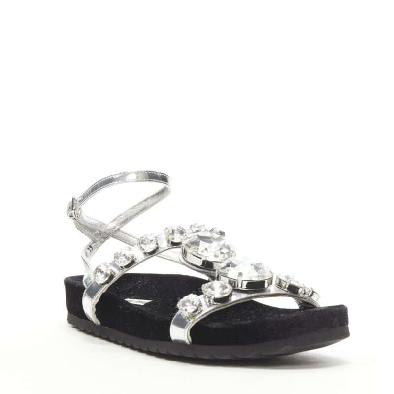 Miu Miu Rhinestone Sandals Silver Leather Never worn - Inside View