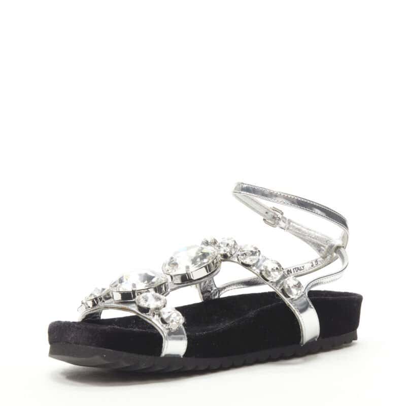Miu Miu Rhinestone Sandals Silver Leather Never worn - Model View